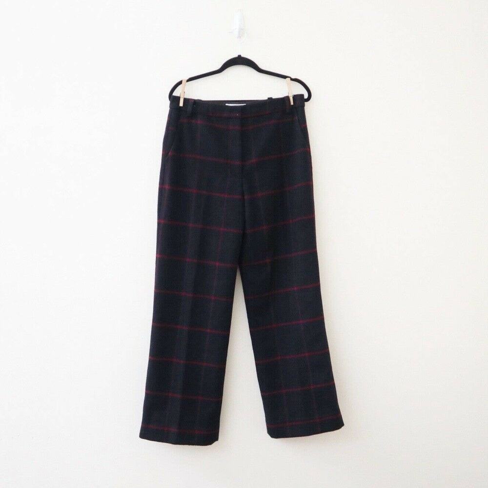 Self Portrait Size 8 Wool Blend High Rise Check Trousers Plaid Wide Leg Pant - Picture 2 of 11